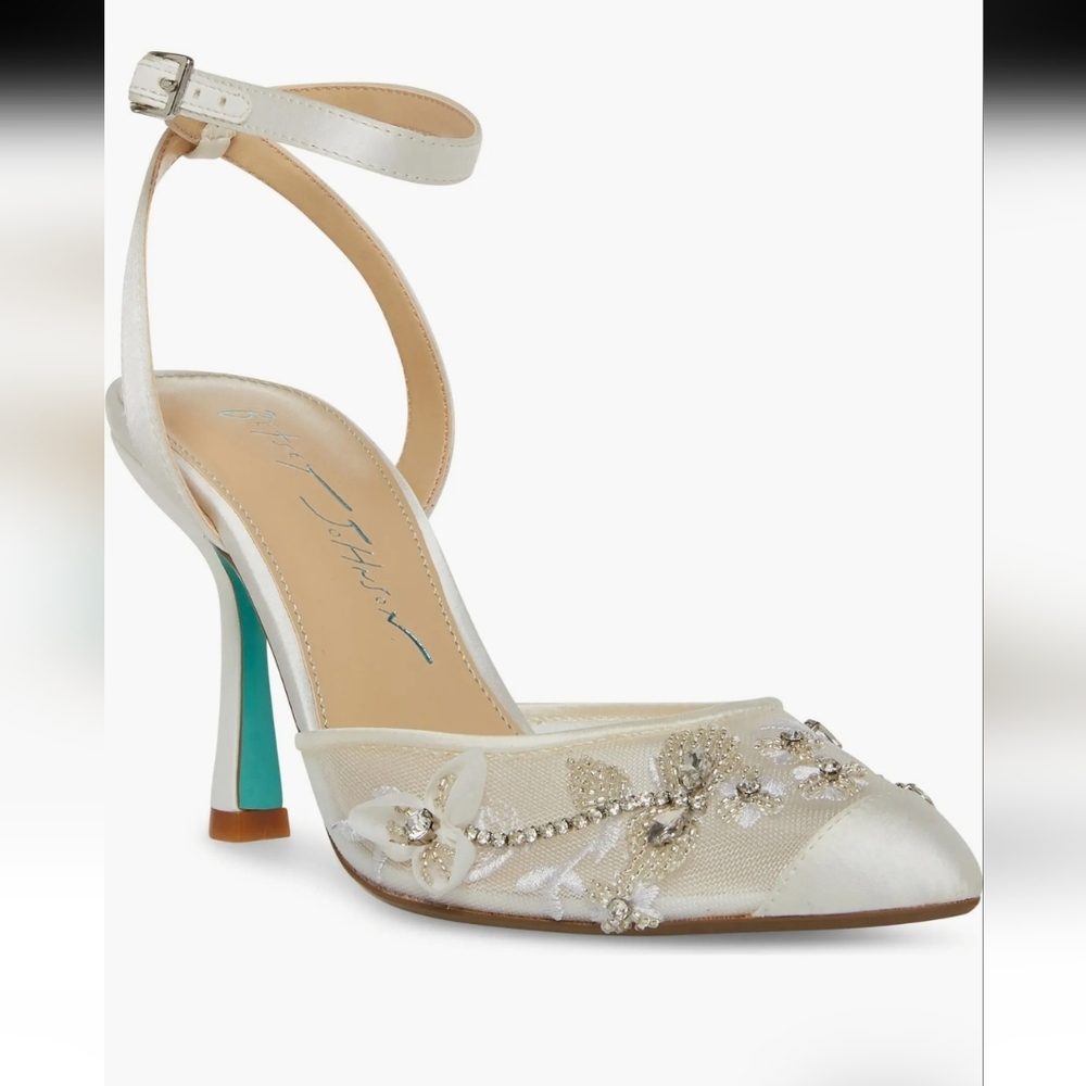 Embellished White Satin Ankle-Strap Pump